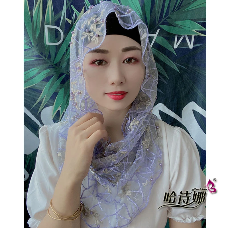 哈诗娜哈诗娜新款绣花套头盖头发帽子网纱帽围脖G0502