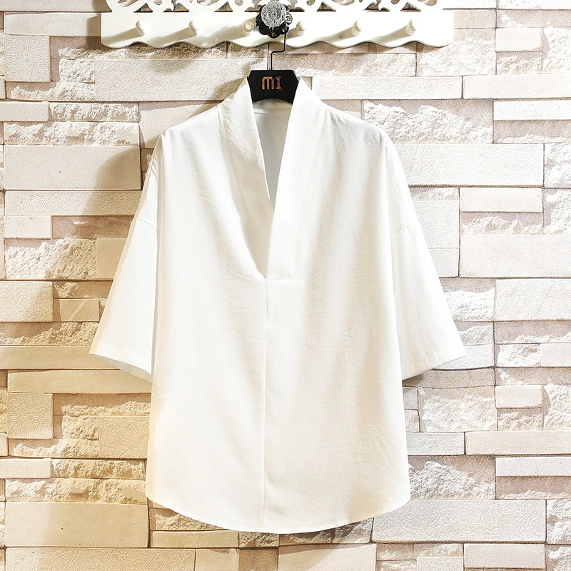 冰丝七分袖汉服内搭T恤男v领垂感宽松中国风落肩袖上衣宽袖内衫潮