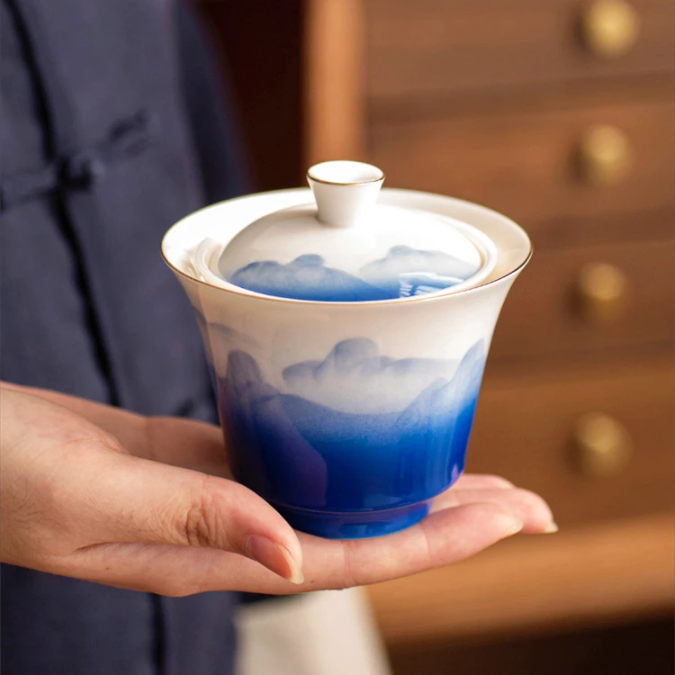 六晋远山羊脂玉瓷快客杯套装旅行茶具整套户外便携式盖碗随身泡