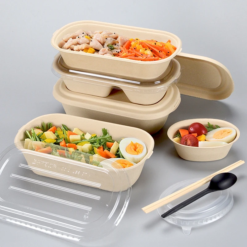 一次性纸浆餐盒轻食沙拉健身环保可降解饭盒寿司盒分格外卖打包盒