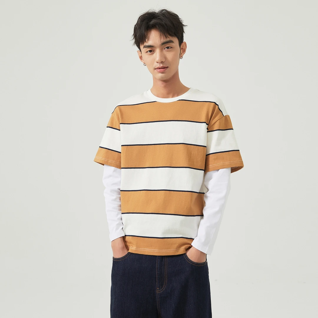 美特斯邦威条纹经典假两件春季撞色圆领针织透气长袖T恤613078