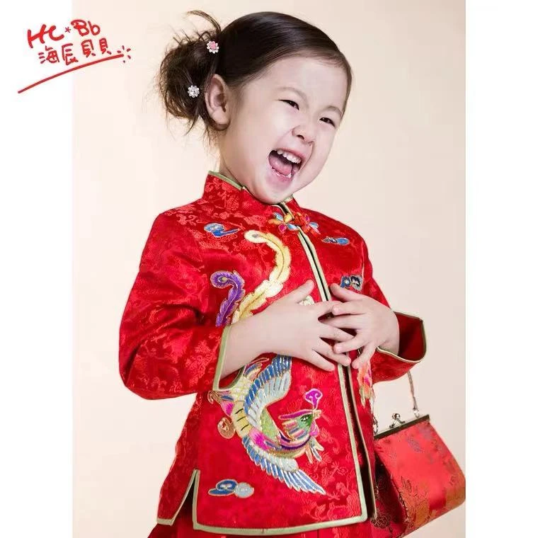 HCBB/海辰贝贝女童新款手绣织锦缎中国风外套过年装拜年服