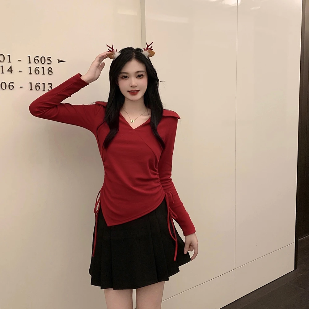 【XDP严选荐】大码女装设计感V领甜辣妹抽绳春节款2022新品