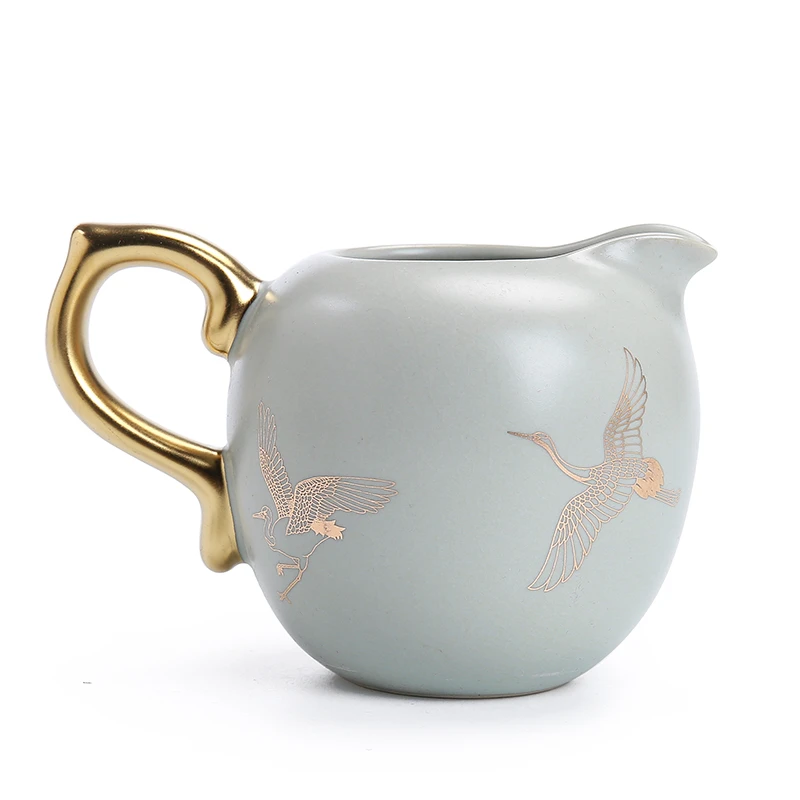 汝窑描金仙鹤公道杯茶海功夫茶具公杯耐热配件分茶倒茶器创意
