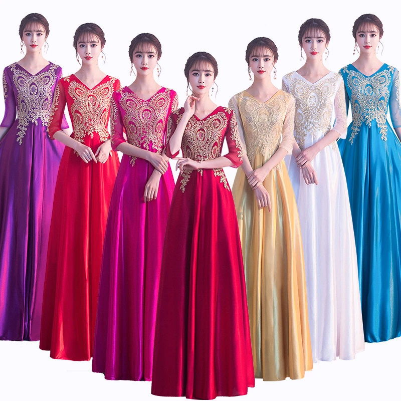 表演女合唱表演长裙大合唱团主持人晚礼服女成人礼服气质高贵