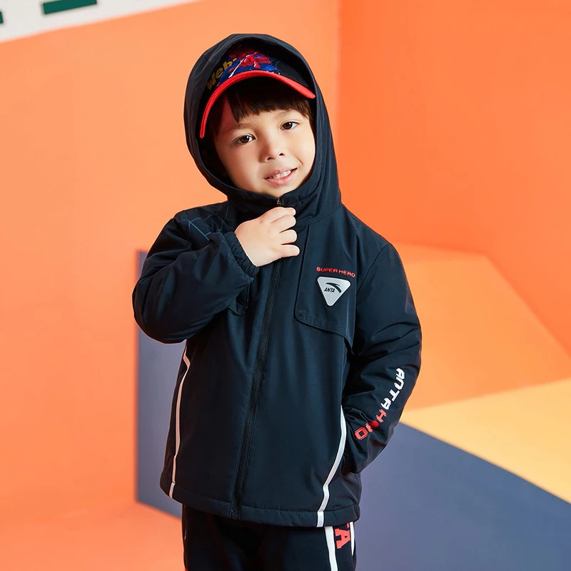 anta kids/安踏儿童男小童加绒保暖外套连帽风衣男童B35149601