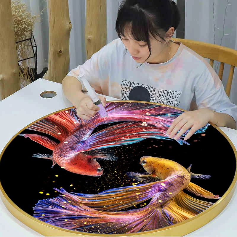 精品双鱼锦鲤2023款5D满钻钻石画客厅圆框画手工DIY钻石绣网红款