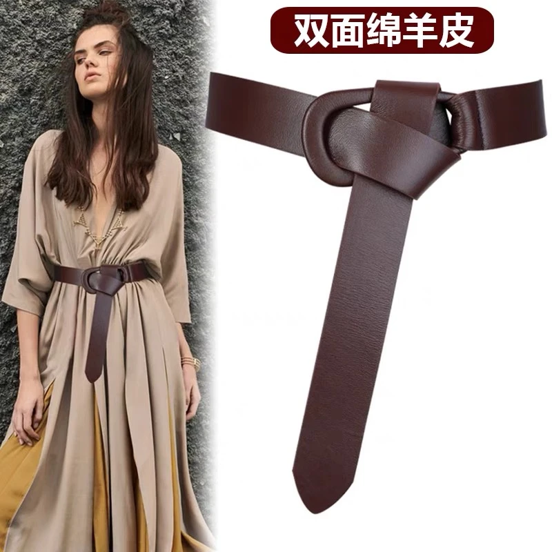 羊皮女士宽腰带女士百搭打结装饰毛呢大衣收腰配裙子皮带腰封束腰