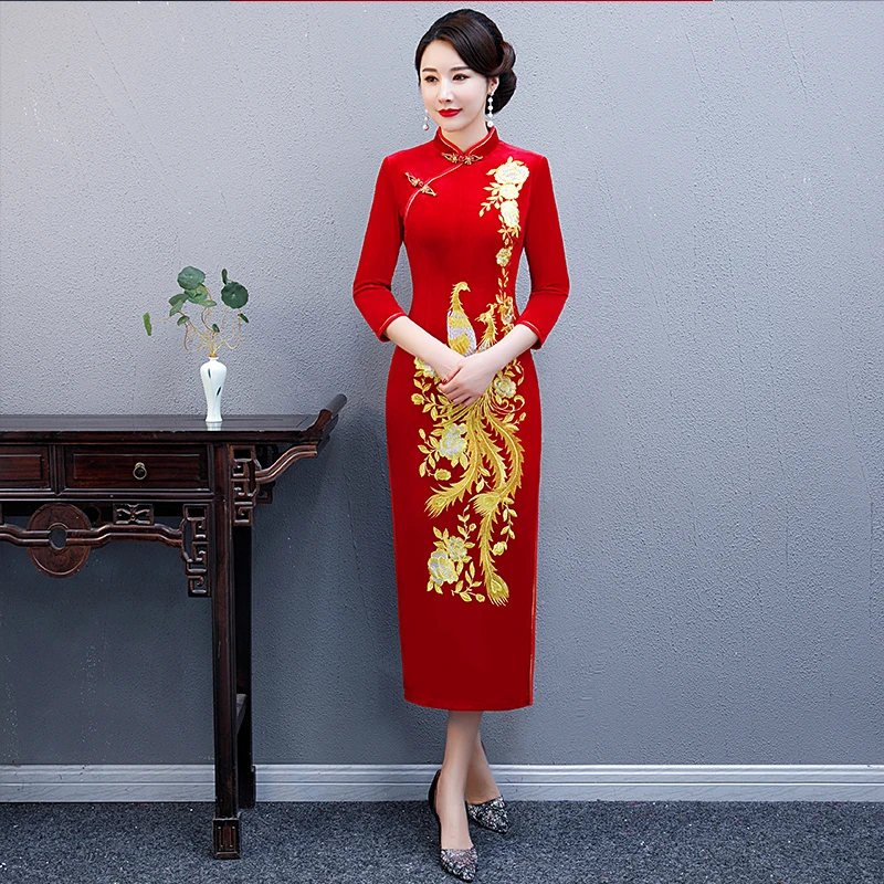 高贵婚庆红色旗袍长款中国风气质妈妈新款婚宴敬酒服婆婆高端礼服