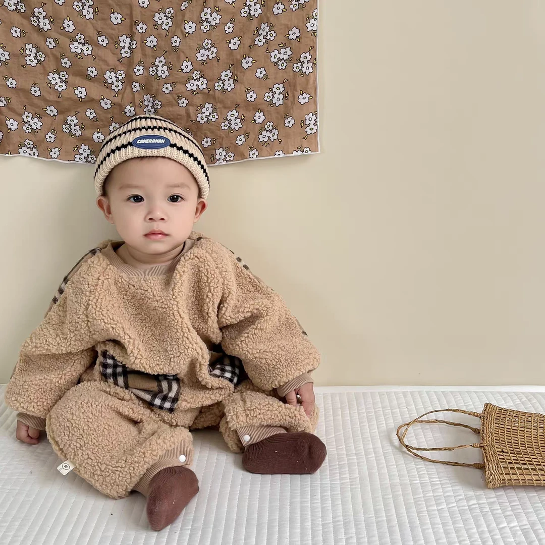 （今天送帽子）婴儿服装双层加厚保暖宝宝衣服 格子潮流婴儿衣服