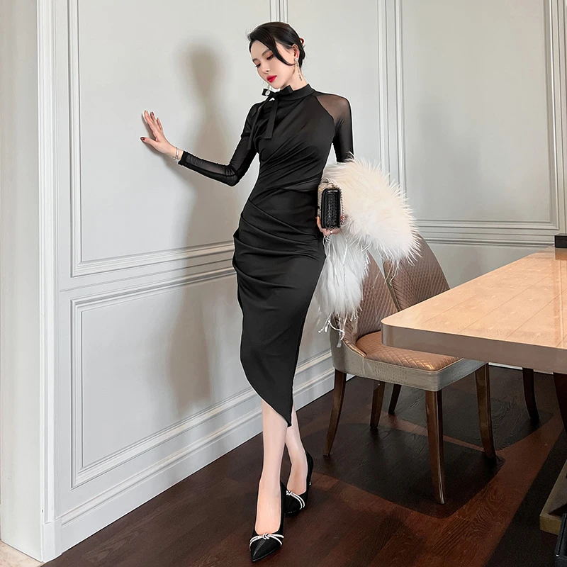 【香香设计师】设计师新款网纱拼接修身不规则包臀性感连衣裙5576