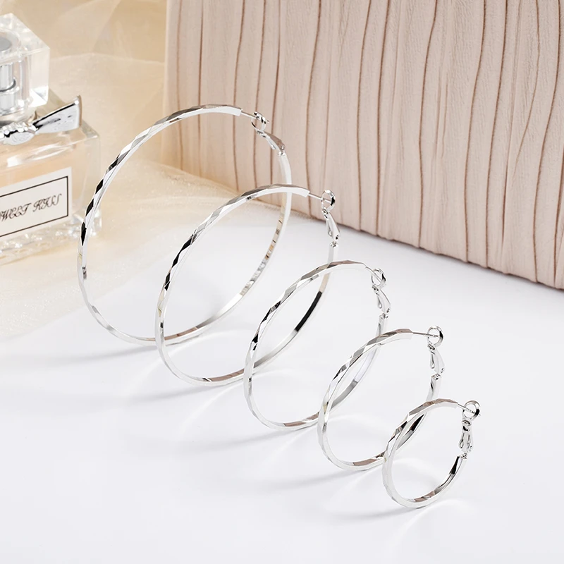 铜合金素款耳饰s925银针菱形花边韩版耳圈显瘦圈圈耳环2022大耳圈