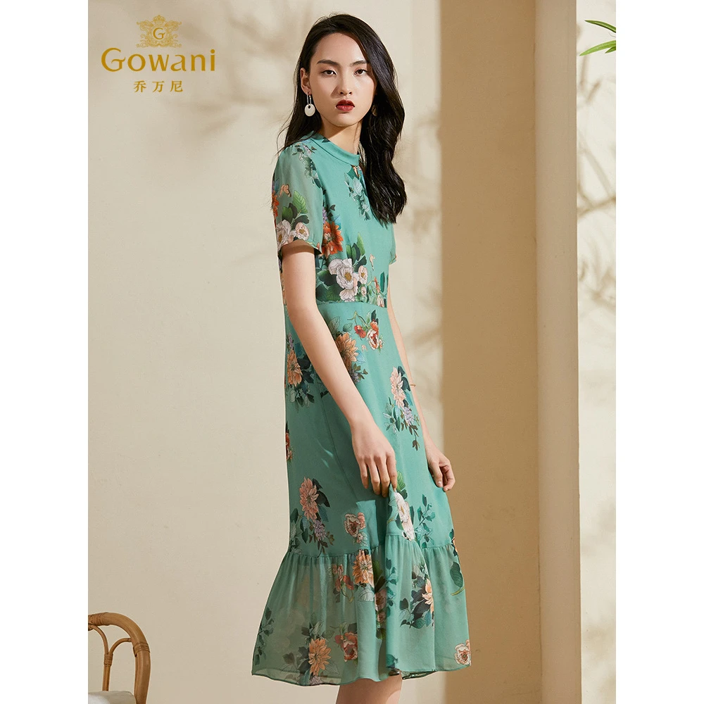 乔万尼连衣裙女显瘦气质长款印花真丝连衣裙过膝ES2E131402