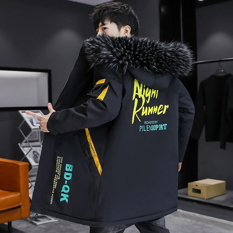 220斤内) 新款冬季中长款加绒加厚连帽派克服男士毛领棉衣服外套