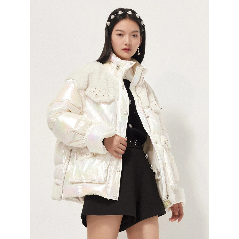 maxrieny玛克西妮白鸭绒毛绒拼接加厚羽绒服白色时尚休闲保暖女装