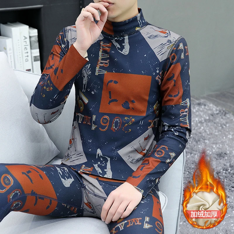 男士半高领无痕保暖内衣套装德绒时尚印花中高领秋衣秋裤两件套