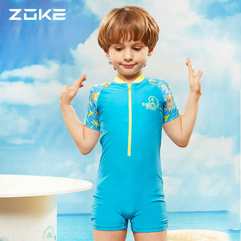 Zoke/洲克男女童泳衣防晒速干连体亲肤儿童泳衣专业训练温泉纯色