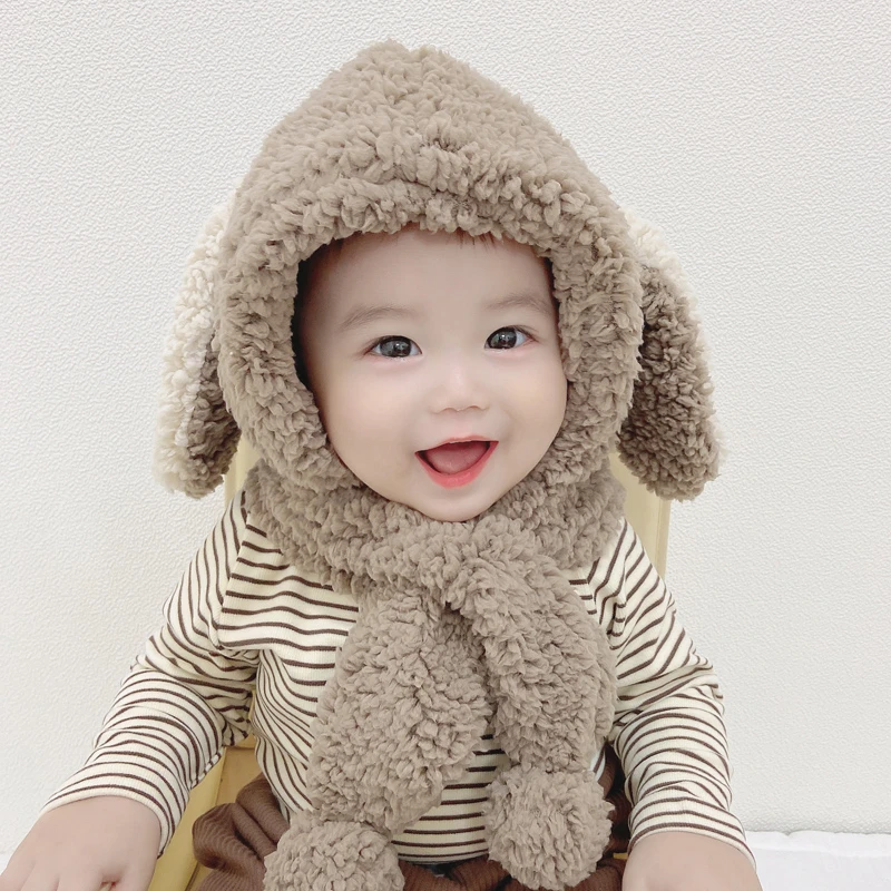 儿童帽子围巾一体套装冬天保暖婴幼儿宝宝冬季兔耳朵羊羔绒护耳帽