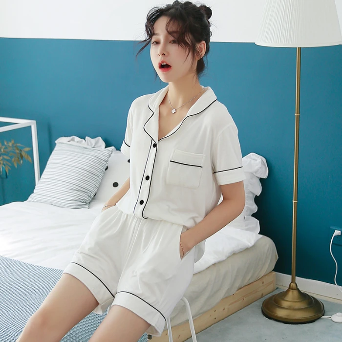 睡衣女夏季短袖短裤白色薄款甜美休闲简约开衫可外穿家居服套装