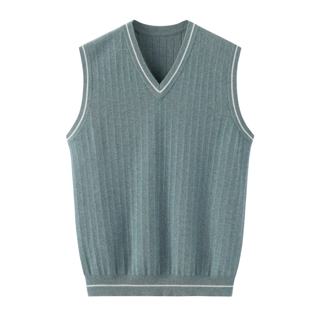 纯山羊绒背心男秋季新款拼色无袖四平加厚柔软针织V领马甲坎肩