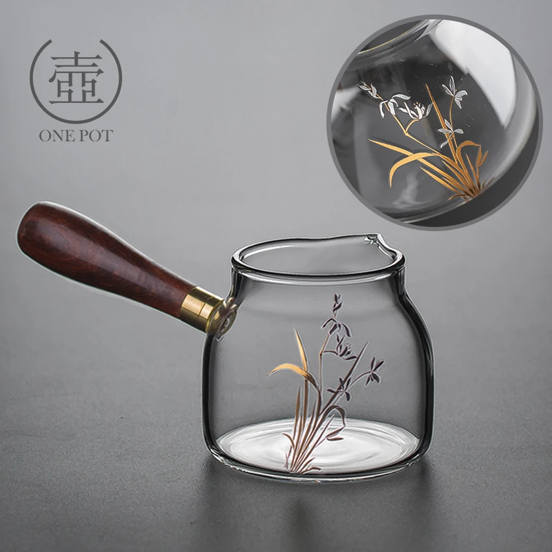 侧把玻璃公道杯茶海家用耐高温分茶倒茶器金银烧木把公杯过滤匀杯