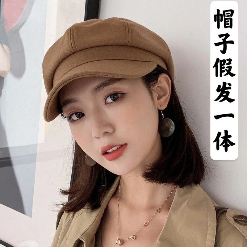 毛呢八角帽子假发一体齐肩短发女秋冬韩版黑色复古百搭鸭舌报童帽