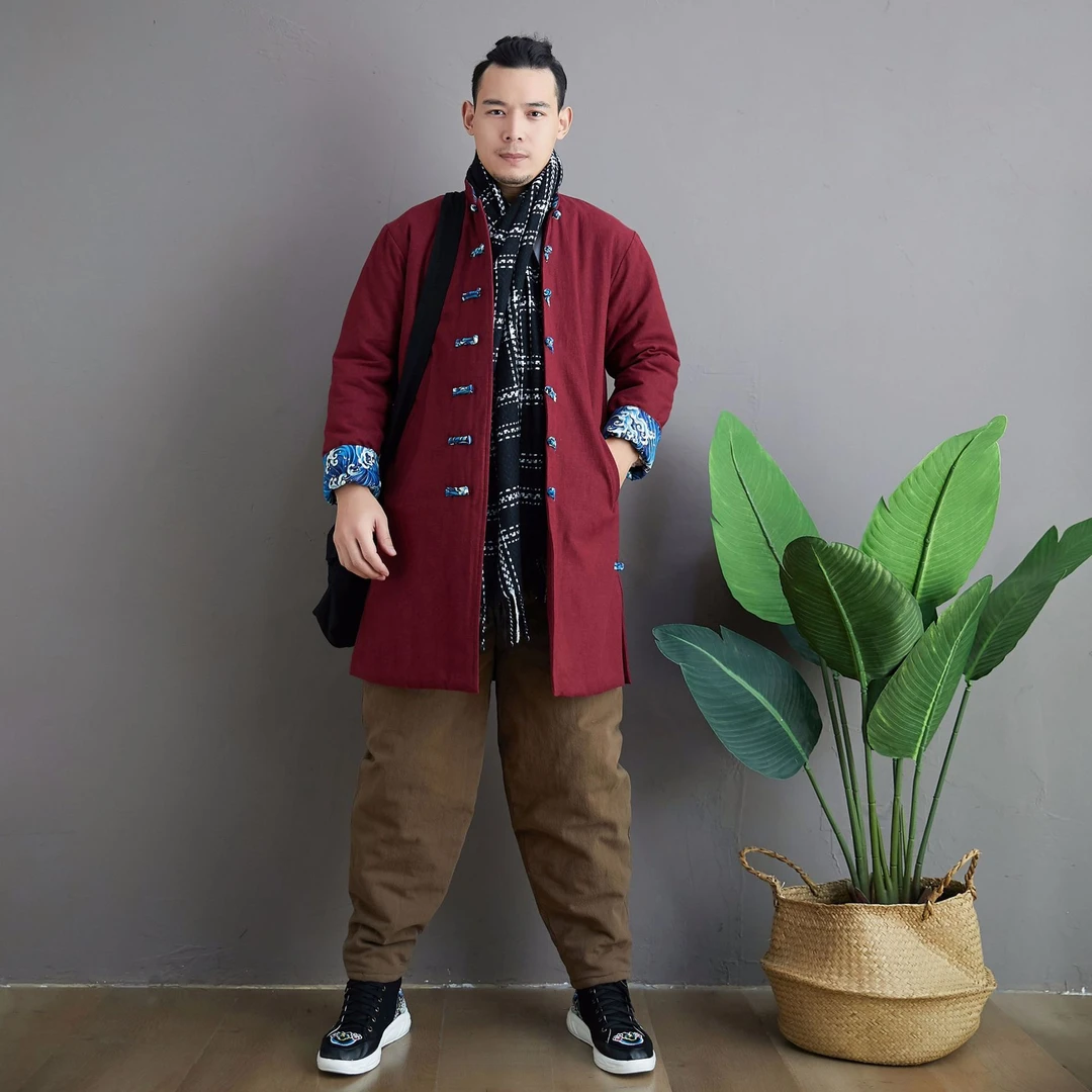 秋冬季新款海浪棉袄复古中国风男式棉服立领盘扣休闲上衣夹棉加厚
