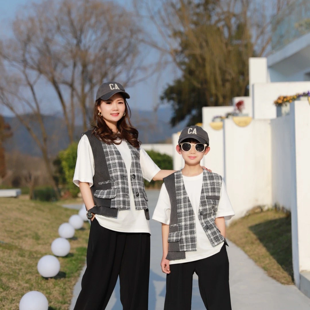 【哲思凡亲子装】夏季时尚格纹宽松黑灰格拼接毛边设计师风马甲