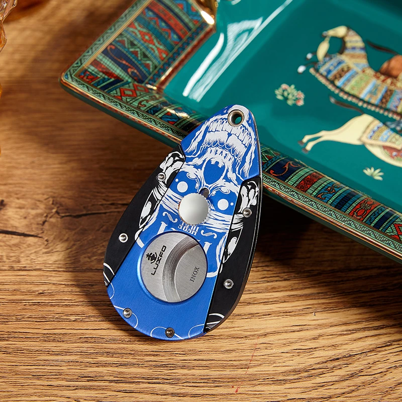 LUXFO精致雪茄剪扇形创意鬼脸金属便携雪茄刀剪刀配皮套礼盒装