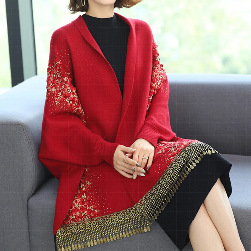 秋冬带袖披肩斗篷妈妈配旗袍外搭高贵喜婆婆婚礼红色流苏外套厚