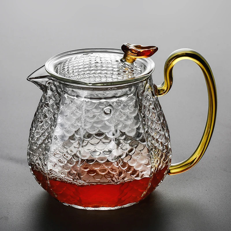 漫佳 泡茶杯锤纹鱼鳞壶 日式龙鳞锤纹壶家用耐热玻璃带过滤≈500ml