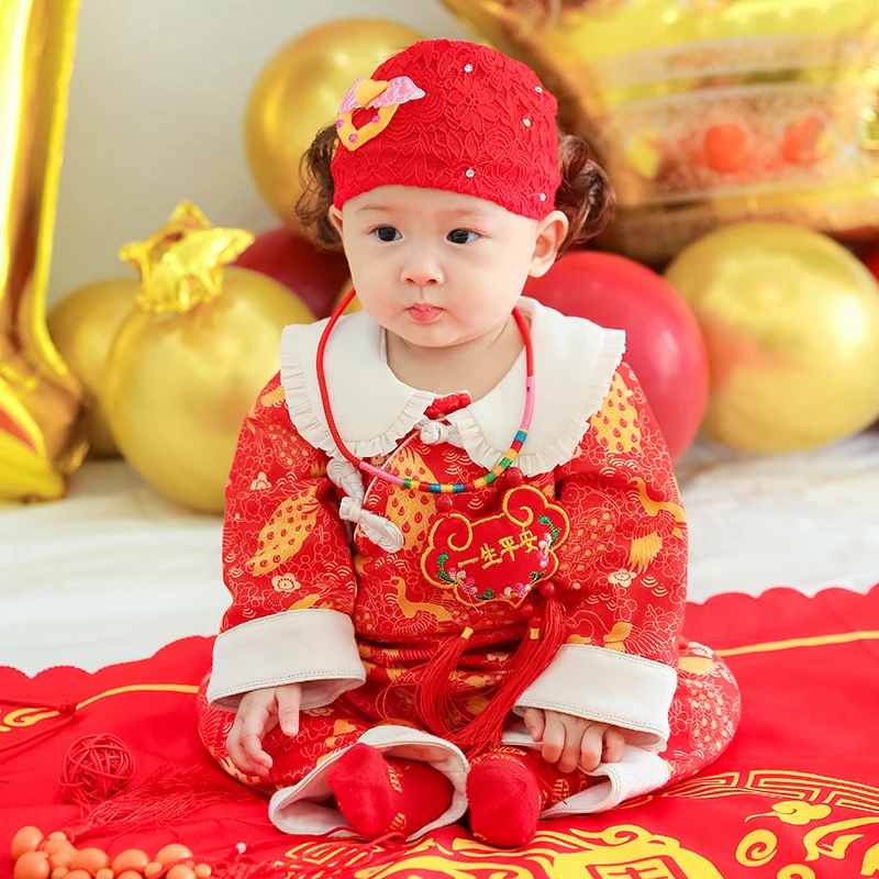 粉顶果鸠宝宝周岁礼服女唐装婴儿抓周衣服秋冬棉质中国风娃娃领