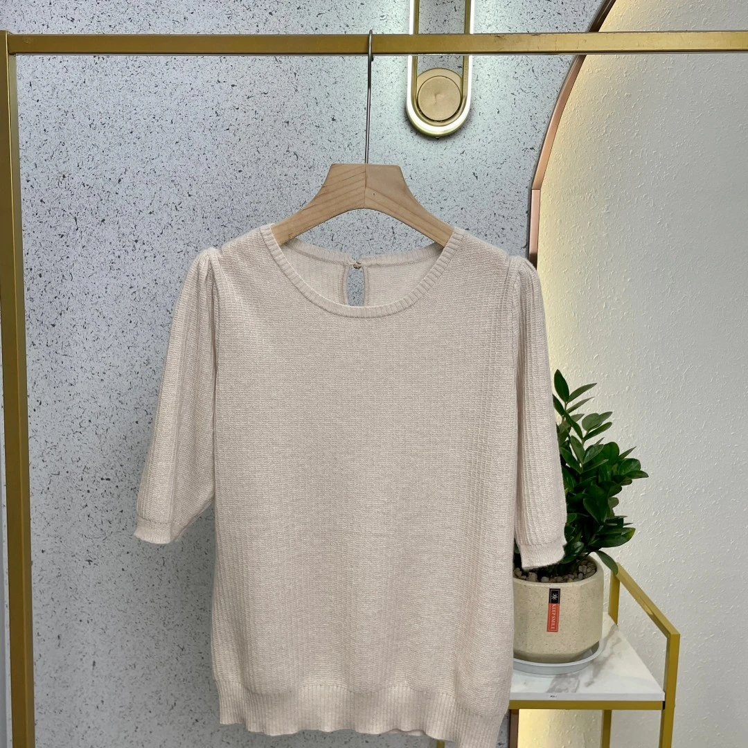 清！山羊绒提花泡泡袖圆领女款秋冬