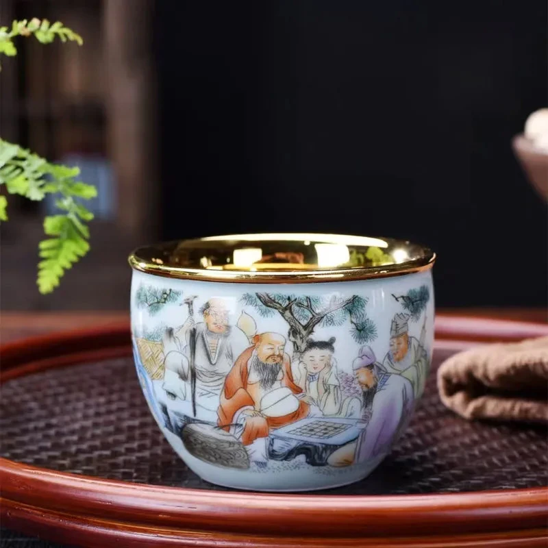 银茶杯999纯银主人杯纯手工鎏银八仙过海品茗杯鎏金陶瓷茶盏送礼