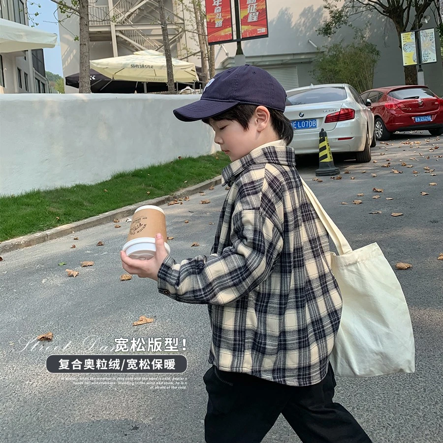【现货】男童格子衬衫秋冬加绒加厚儿童韩版衬衣童装上衣中大童