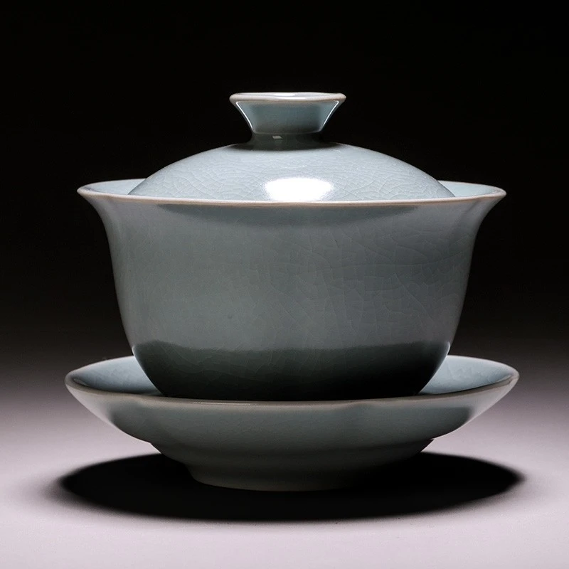 慈空汝窑盖碗 汝瓷功夫茶具三才可开片可养盖碗茶杯陶瓷可养金丝