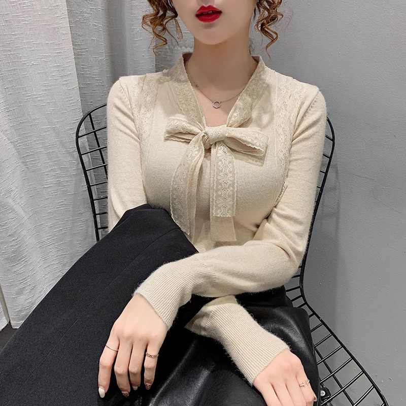 9036新款蕾丝蝴蝶结飘带纯色针织衫秋冬女士优雅纯色毛衣修身打底