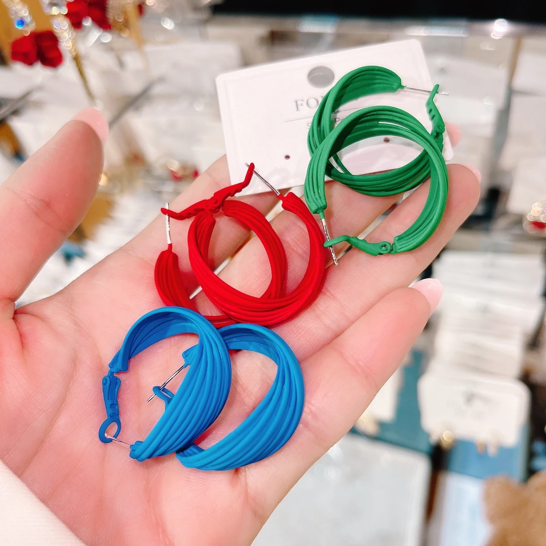 铜合金耳饰 精品新款韩版耳饰新款女式彩色多层交叉耳圈绿色耳环