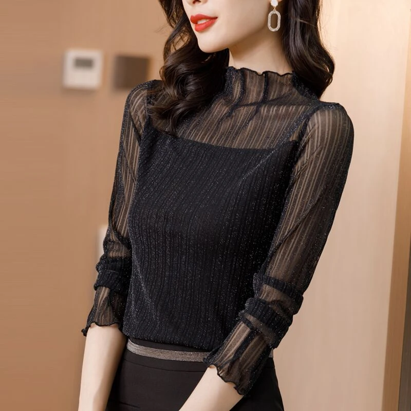 春秋显瘦洋气百搭亮丝网纱长袖内搭气质加绒春季打底小衫女1316