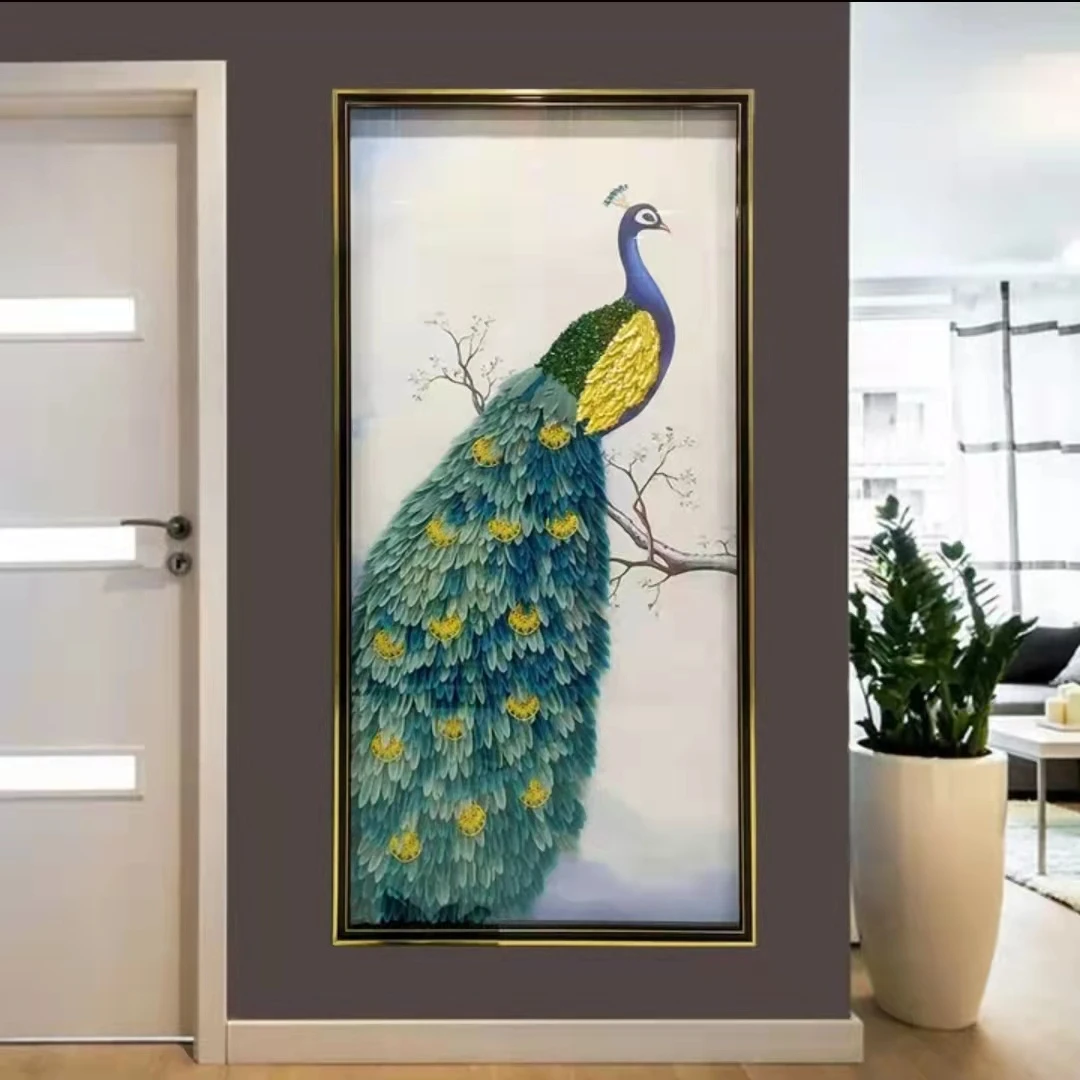 新中式竖款画【高端】玄关画走廊轻奢孔雀百搭纯手工【实物立体】