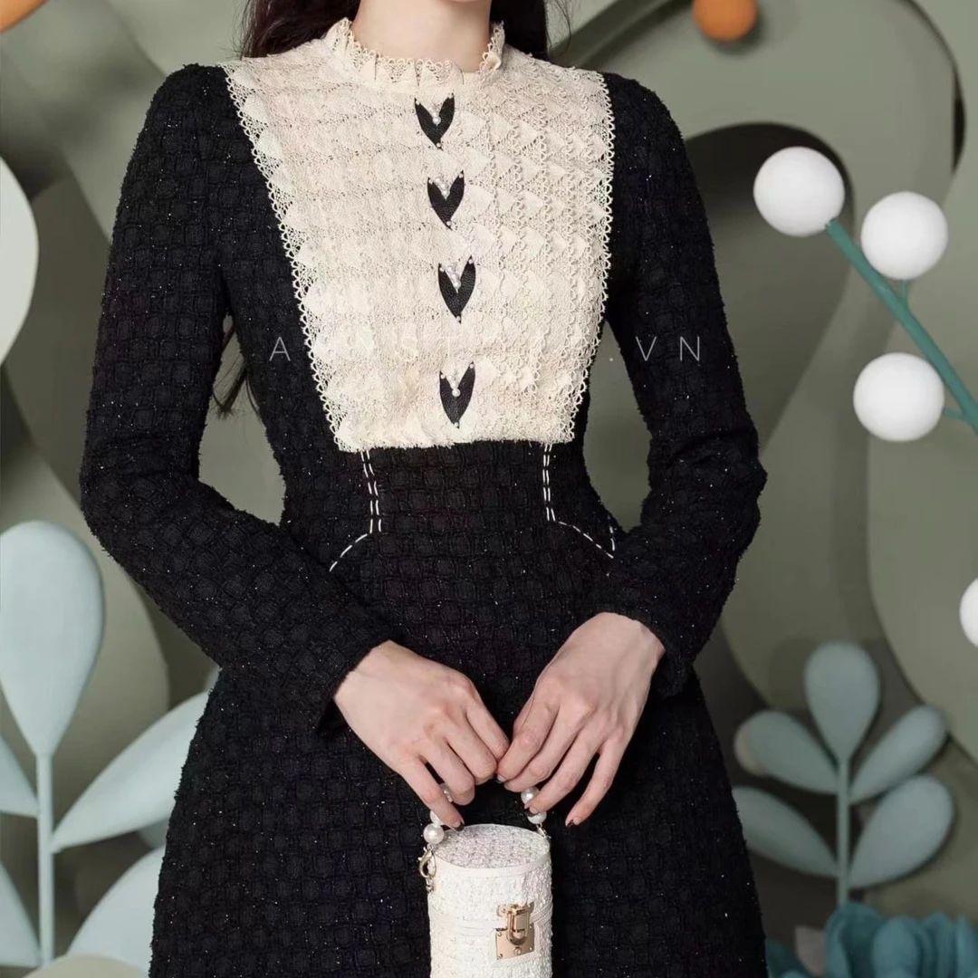 CW.MM～名媛风气质黑白拼色花尼文静时尚连衣裙-1