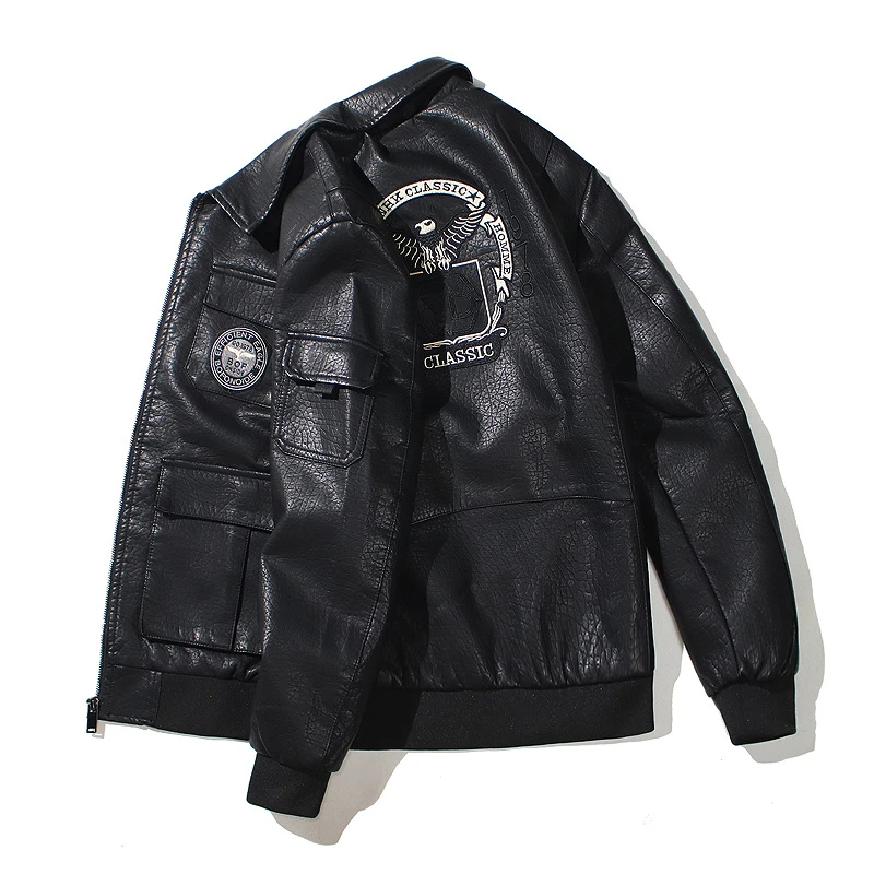 皮衣男加绒加厚多口袋欧美刺绣PU皮夹克机车翻领皮衣大码外套
