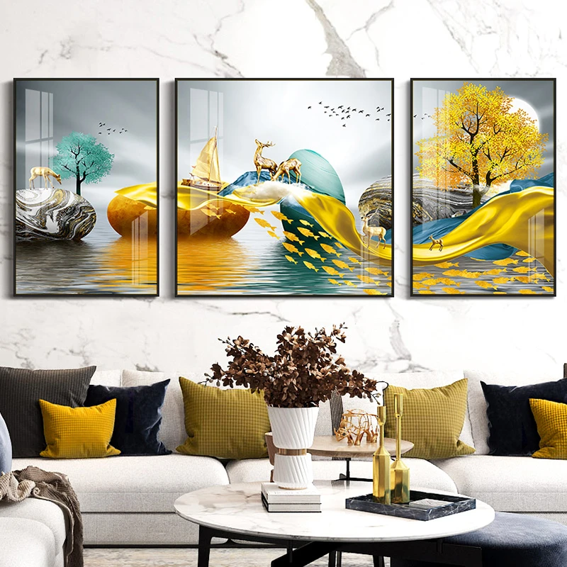 摇钱树麋鹿5D钻石画满钻客厅装饰三联画轻奢风钻石绣十字绣X