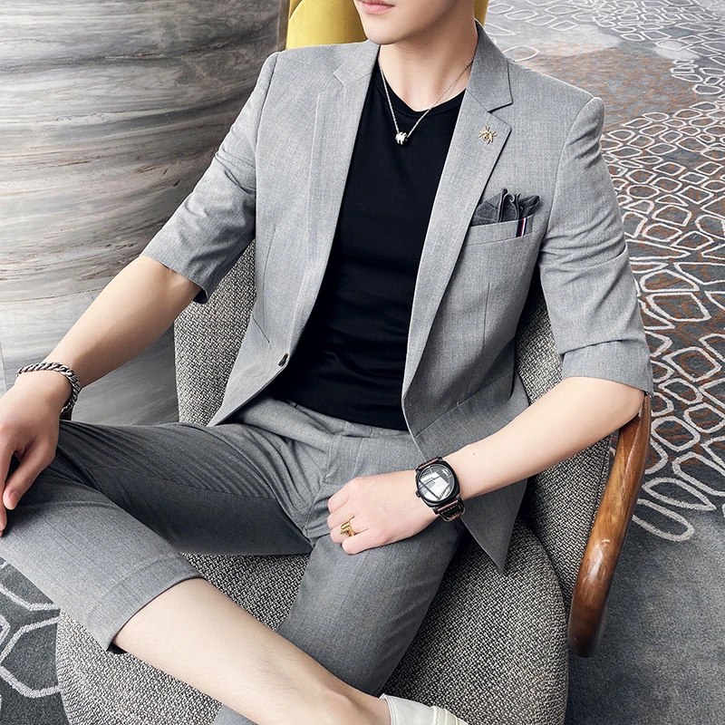 新款潮流休闲夏装男中袖西服西装夏季潮帅气修身七分袖男士两件套