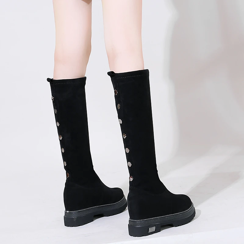 2025秋冬新款高筒靴弹力坡跟厚底内增高女时尚显瘦不过膝靴中筒靴