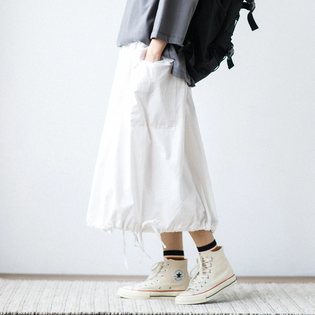 Epicsocotra自制春夏日系复古文艺抽绳半身工装裙 ins纯色A字裙女