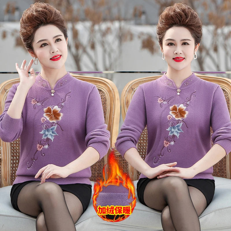 秋冬新款中老年妈妈装加绒加厚打底保暖毛衣绣花改良旗袍针织上衣
