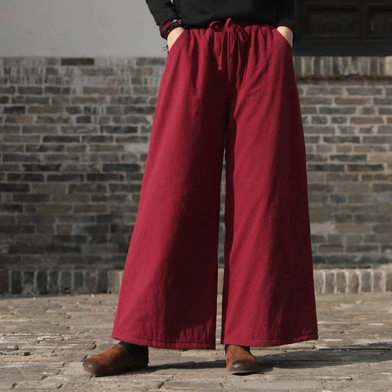 2024冬新品棉麻女装文艺复古宽松大码夹棉保暖纯色女士阔腿棉长裤