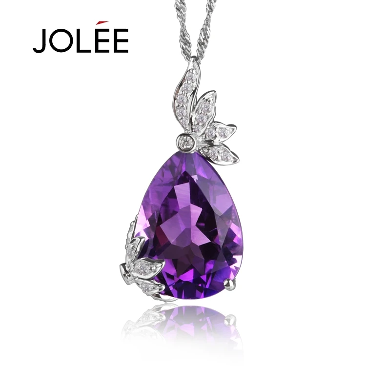 Jolee吊坠女天然紫水晶S925银项链彩色宝石首饰品 送女士节日礼物
