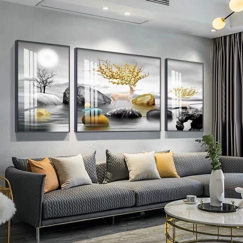 客厅三联画福禄生辉石来运转现代简约沙发背景墙挂画晶瓷镶钻手工